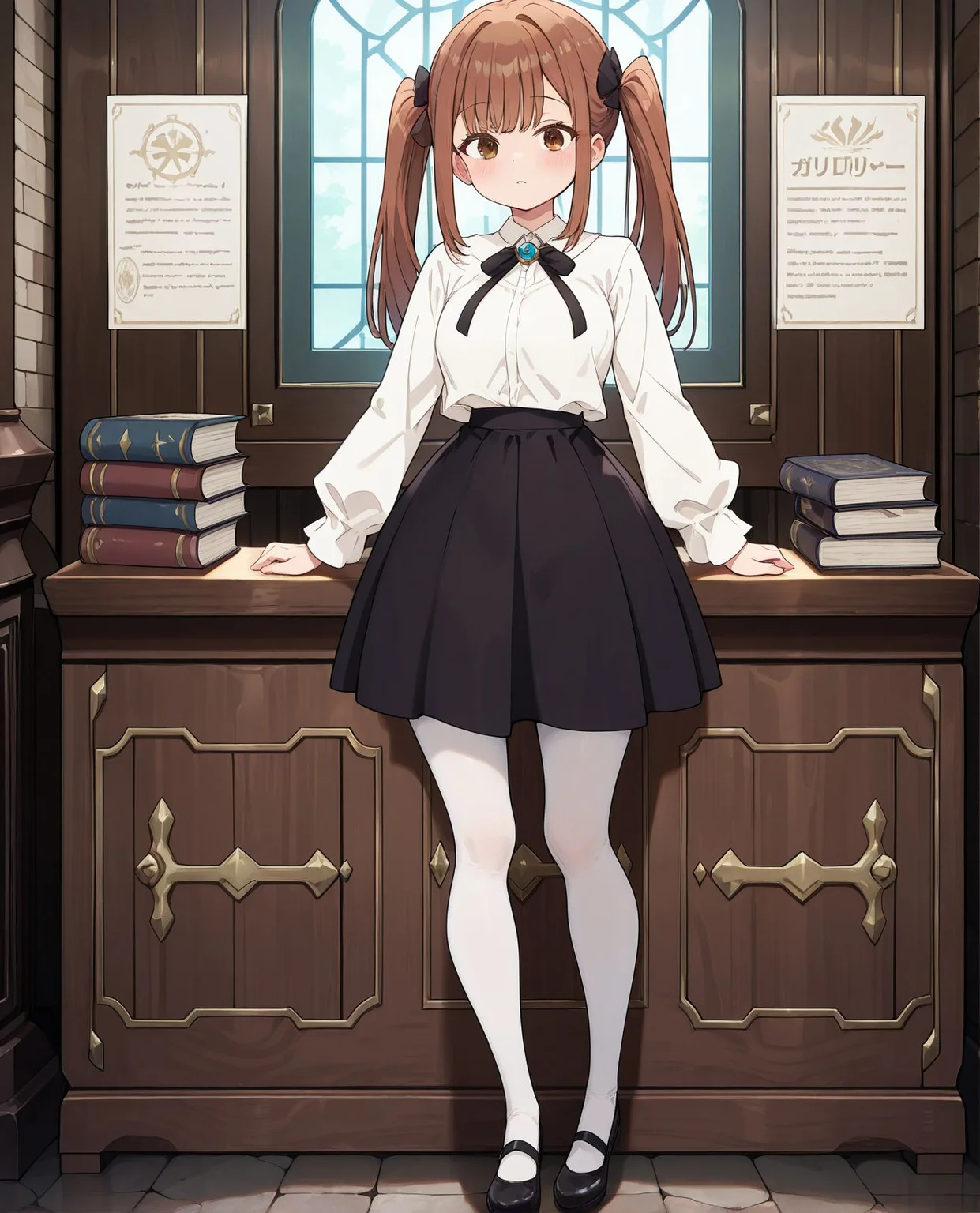 masterpiece,best quality,amazing quality,very aesthetic,absurdres,newest, huge filesize,
<lora:spo_sdxl_10ep_4k-data_lora_webui:0.5>,anime coloring, anime screenshot, flat color,
<lora:add-detail-xl:1>
<lora:girumasu:1>girumasuV1,
g_lalia,
1girl,
solo,
twintails,
skirt,white shirt,
white pantyhose,black bow,
brown hair,black shoes,
brown eyes,
Adventurer's Guild Document Counter, paper, book,