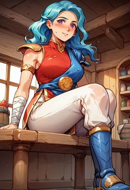 Score_9, score_8_up, score_7_up, score_6_up,score_5_up, anime color, watercolor, ink lines, anime style, source_cartoon, valere, aqua hair, (wavy hair), long hair, curvy hips, purple eyes, single shoulder pad, blue cape, blue sash, red shirt, armlet, sleeveless, bandaged arm, white pants, blue boots, (((close up))), sitting, (((((wet clothes))))),face focus, dynamic angle, sweating, blush, view from below, huge weapon, (((holding weapon))), double-bladed spear, 1girl, blurry crowd, cute pose, knees together, smiling, slightly nervous, (best quality,masterpiece), ultra high res,ultra-detailed, :: indoors, tavern, table, painted background, sunset,