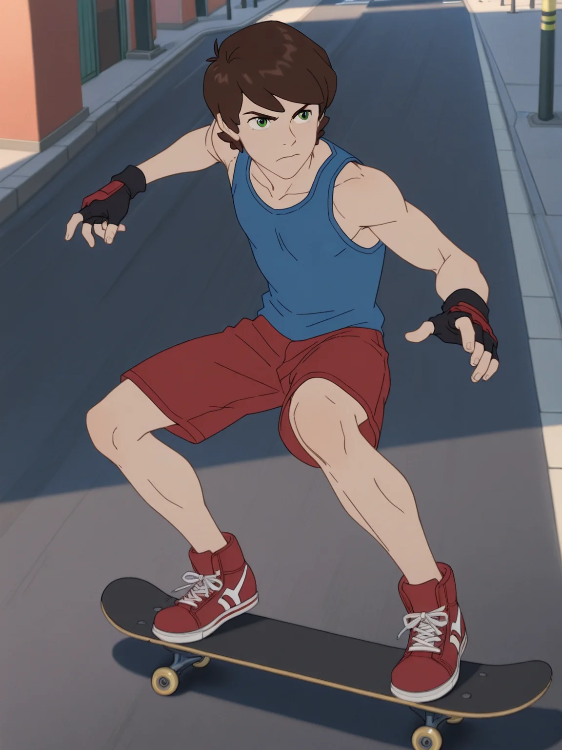 score_9, score_8_up, score_7_up, Masterpiece, Best Quality, high quality cg, 1boy, Peter Parker, green eyes, solo male, male focus, street, skateboarding, red fingerless, gloves, blue tank top, red shorts, red sneakers, intense look,  <lora:CoS_Schi_Ill_01:0.6>, <lora:Peter_Parker-000056:0.8>,