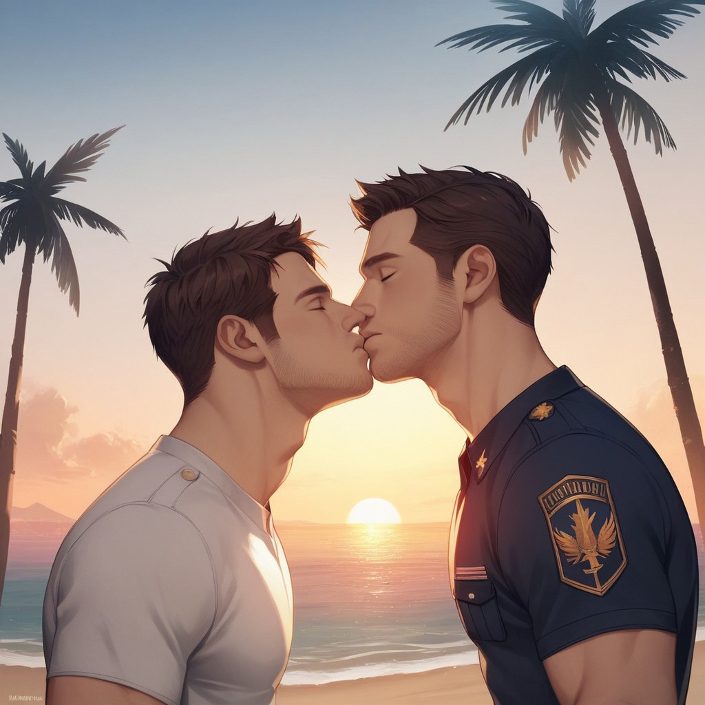 score_9, score_8_up, score_7_up, score_6_up, score_5_up, score_4_up, two men, chris redfield, piers nivans, kissing, beach, rating_safe, military uniform, purple clouds, stunning sunset, sparkling water, beautiful lighting, palm trees, close camera, dynamic angle, intense passion, masculine, highly detailed, high quality face