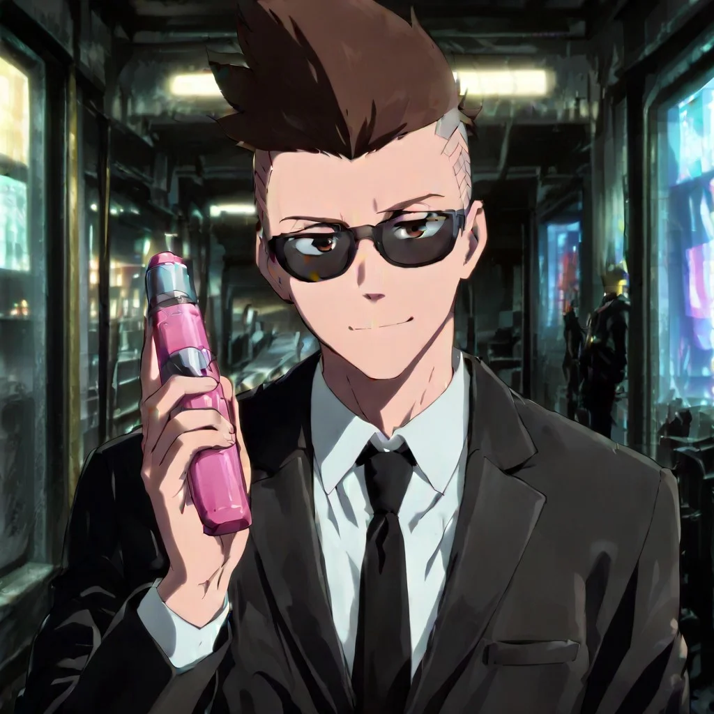 masterpiece, 4k, best quality, sharp aliasing, highly detailed, intricately detailed illustration, anime screencap, source_anime, 1boy, male, 1male, solo, edgerunner, brown eyes, brown hair, mohawk BREAK holds a neuralyzer, wears a black suit and tie, sunglasses, looking by at viewer, black tie, men in black movie, men in black, standing, si-fi corridor, smiling, closed mouth, aliens