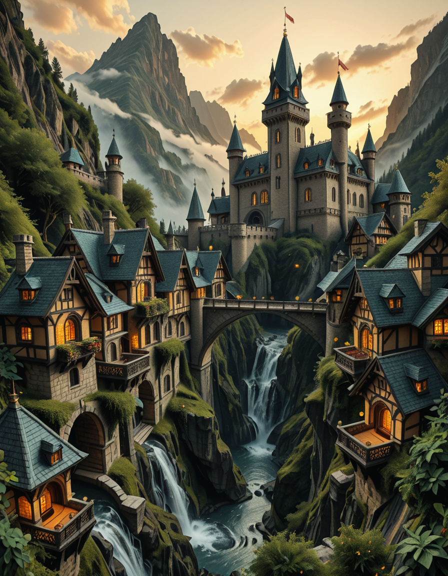 A breathtaking medieval fantasy city nestled in a lush valley, surrounded by towering mountains and dense forests. A grand castle with multiple towers and turrets stands atop a hill, overlooking the town below. The city consists of charming half-timbered houses with glowing windows, perched on rocky cliffs and connected by stone bridges over cascading waterfalls. The river flows through the village, reflecting the warm golden lights of lanterns and torches. Ivy and moss grow over the stone walls, adding to the enchanted, ancient atmosphere. The background features misty mountains with additional fortresses and watchtowers, partially hidden by low-hanging clouds. The sky is illuminated by a soft, warm sunset, casting a golden glow on the scenery, creating a perfect blend of realism and fantasy. Highly detailed, cinematic, and immersive, with a magical, fairy-tale ambiance.
<lora:SDXLFaeTastic2400:0.4> <lora:extremely_detailed:0.4> extremely detailed, ,medieval f4nt4sy c1ty <lora:medieval_f4nt4sy_c1ty-i:1>, Masterpiece,best quality,hi res,8k,hi res,8k,award winning,(sharp focus, intricate, highly detailed),