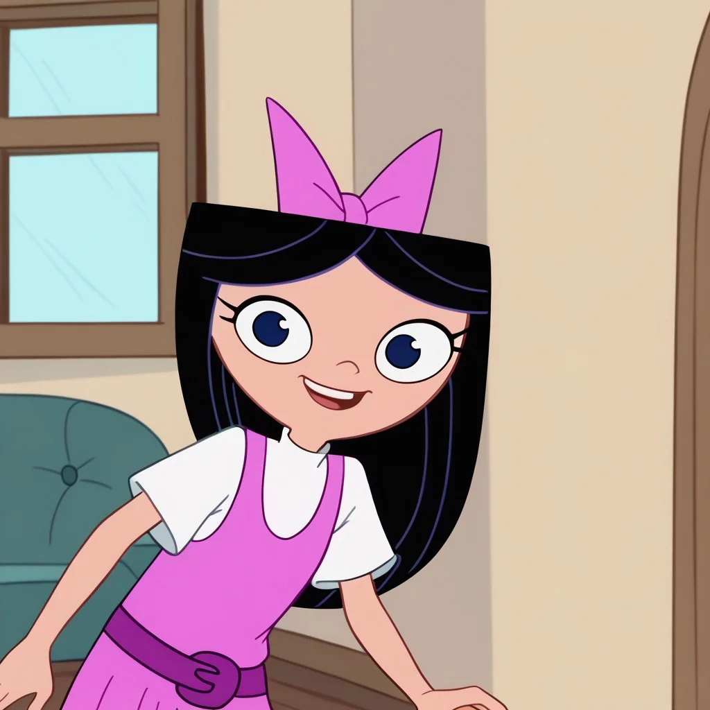 score_9, score_8_up, score_7_up BREAK IsaPF, 1girl, long black hair, dark blue eyes, pink bow, sleeveless pink dress, purple belt, round purple buckle, short-sleeved white shirt, cartoon, source_cartoon, smiling at viewer, face view, face closeup,