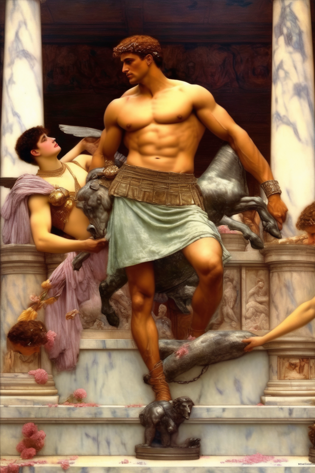 <lora:Lawrence Alma Tadema Style:1>Lawrence Alma Tadema Style - handsome bodybuilder eros with hermes Alma-tadema style realism
