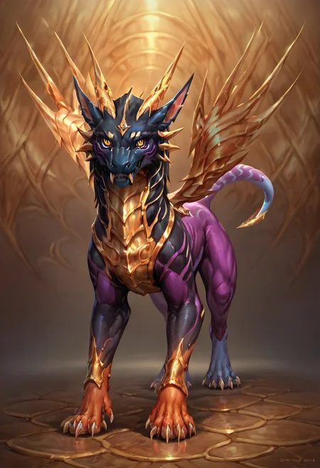 score_9, score_8_up, score_7_up, score_6_up, solo, masterpiece, ultradetailed, by reallynxgirl,  Eothos, Furry dragon,((feral)),  close-up, full body, fangs, ((shiny gold eyes without pupils)), detailed background