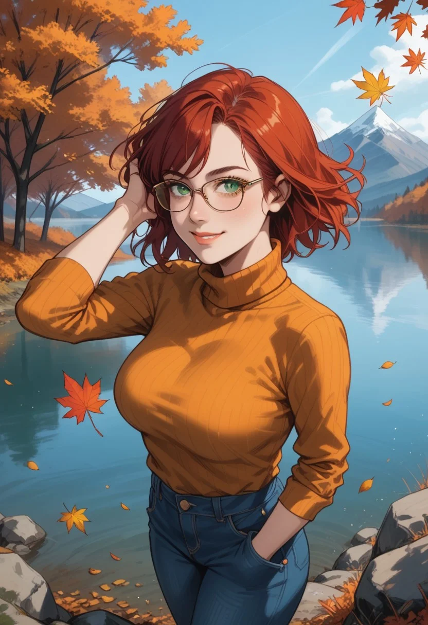 masterpiece, best quality, looking to the side, 1girl, short red hair, bangs, green eyes, aviator glasses, large breasts,  orange turtleneck, blue jeans, hands in pocket, outdoors, autumn, lake, tree, mountain, falling leaves, wind, looking at viewer, seductive look, aroused, horny, smiling, hand in hair, from above