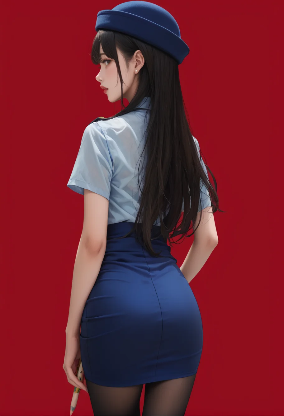 1girl,solo,red background,,ruanyi0820,blue hat,blue shirt,blue skirt,black pantyhose,short sleeves,pencil skirt,from behind,<lora:0820 tokisaki kurumi policewoman fan costume_v1_pony:0.9>, score_9,score_8_up,score_7_up,,8k,1girl,solo,,