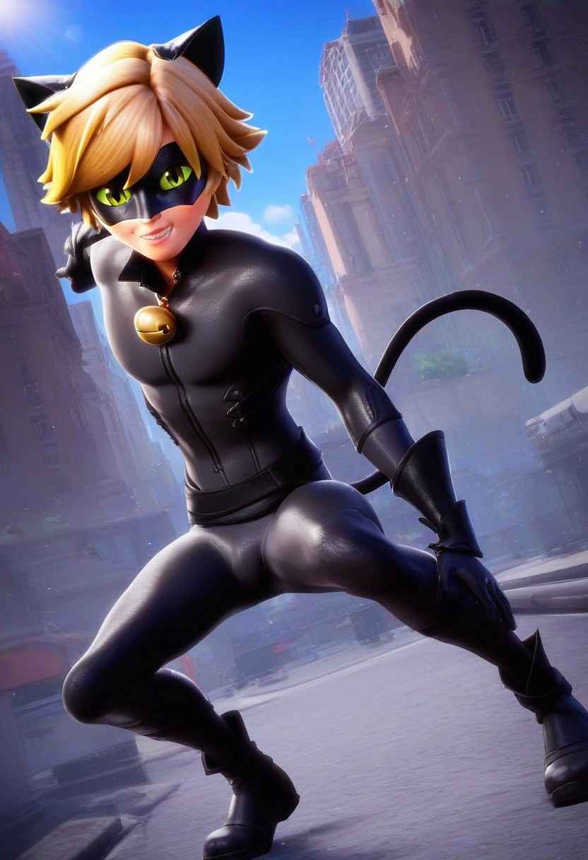 (score_9, score_8_up, score_7_up), looking at viewer, colored sclera, animal ears, tail, 1boy, catnnoir15_,  black bodysuit, mask, blonde hair, solo, outdoors, male, cat ears, smile, dynamic pose, dynamic angle, night time, city,  movement, motion blur, extreme perspective, super angle shot perspective down view