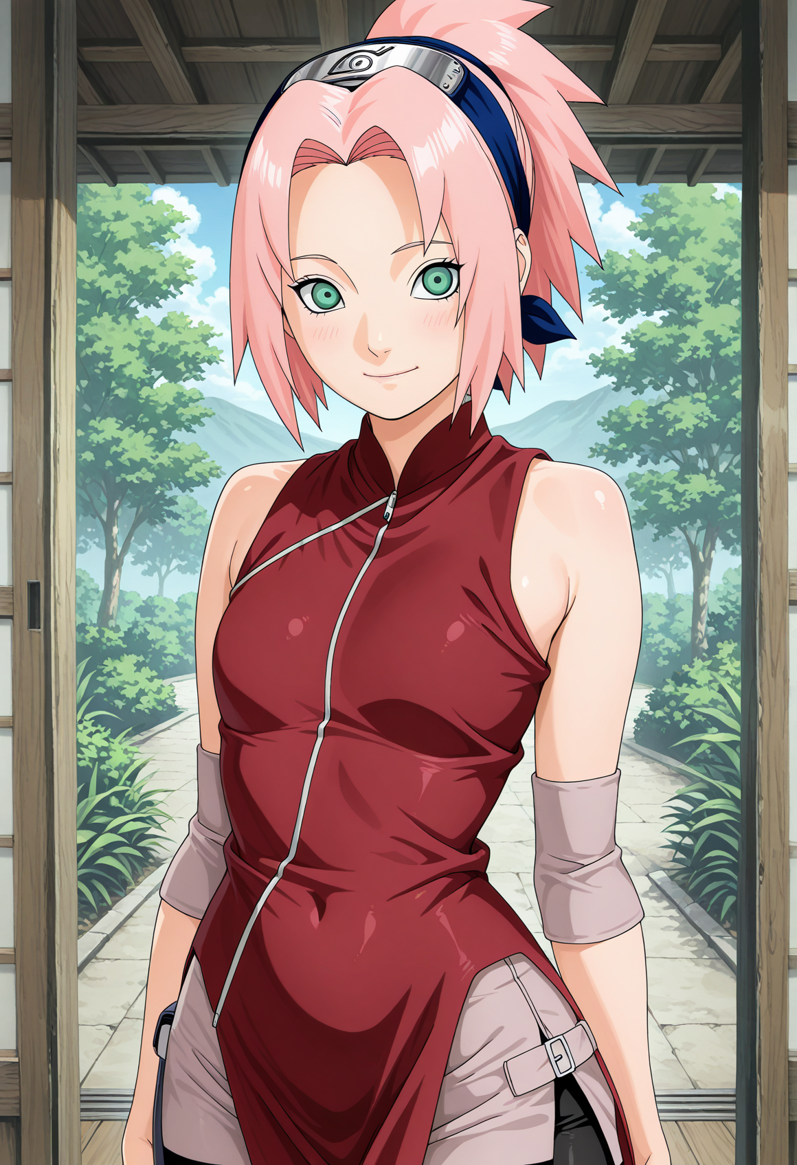 amazing quality,very aesthetic,absurdres,best quality,newest,masterpiece,4k resolution, absurdres, highres, detailed background, 
1girl , haruno sakura,green eyes, <lora:Haruno_Sakura_il2:1> high ponytail, short ponytail,