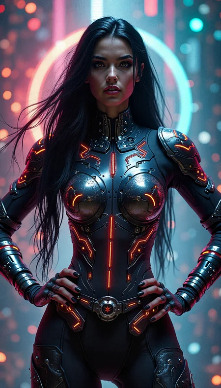 A fierce female warrior with long, flowing black hair, her armor etched with glowing rainbow colored circuits, lining strip of RGB led lighting and electronic chip, stands in the heart of a digital nexus.her hands on her own hips. Surrounding her is a vortex of luminous circuitry, casting intricate patterns of light on her armor. The scene is rendered with photorealistic detail, the lighting capturing the interplay between the metallic textures and the pulsating rainbow colored energy energy of the digital backdrop.
3d render in unreal engine