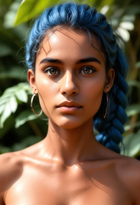 fashion photography portrait of indian girl with blue hair, in lush jungle with flowers, 3d render, cgi, symetrical, octane render, 35mm, bokeh, 9:16, (intricate details:1.12), hdr, (intricate details, hyperdetailed:1.15), (natural skin texture, hyperrealism, soft light, sharp:1.2), detailed, sunlight passing through foliage, india