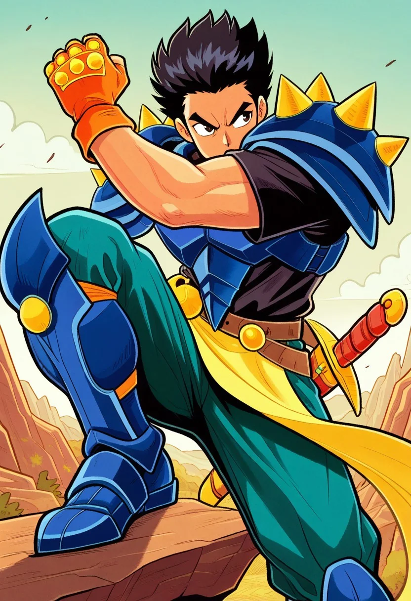 masterpiece, best quality, amazing quality, very aesthetic, absurdres, newest, 1boy, dionffl3, black hair, muscular, spiked pauldrons, blue armor, black shirt, orange fingerless gloves, sheathed sword, yellow loincloth, belt, teal pants, blue greaves, ((action pose)),