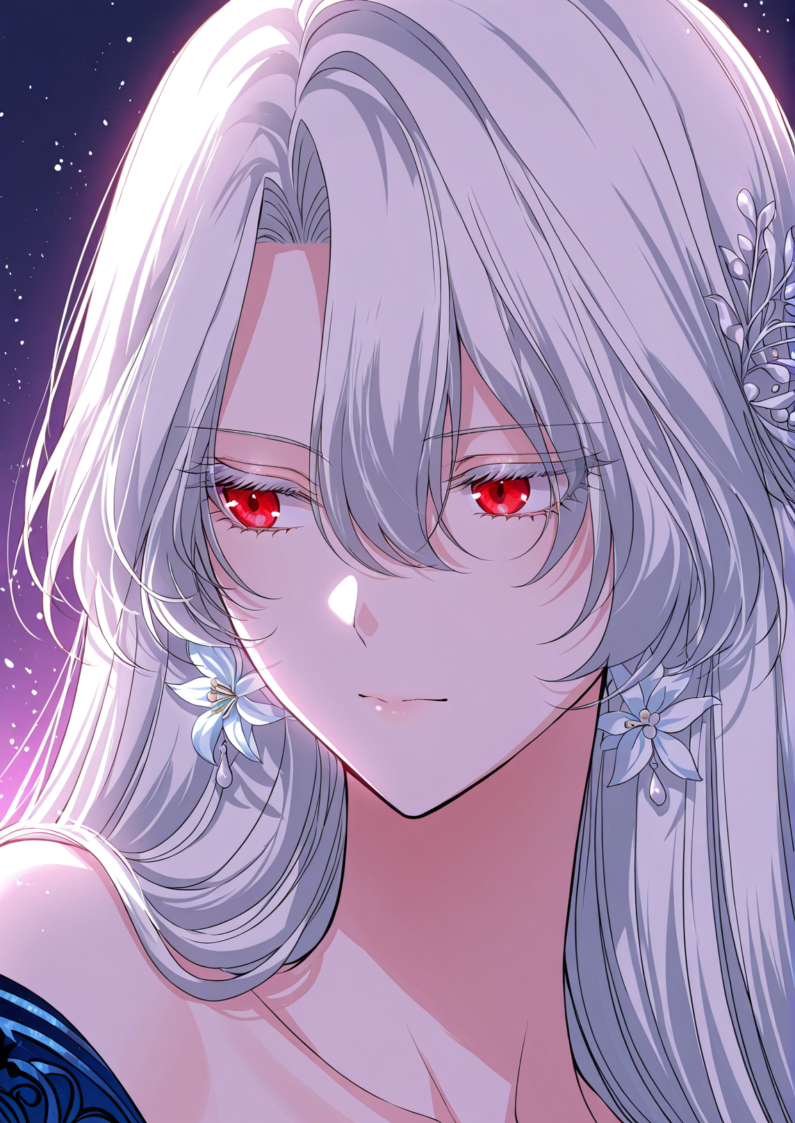 <lora:Raviel_Ivansia__SSS_Class_Suicide_Hunter__Illustrious:1>
1 girl, solo, long white hair, straight hair, red eyes, hair between eyes
off-shoulder evening dress, blue floral gown, embroidered patterns, high slit dress, fitted waist, ornate bodice, lily decorations, gemstone ornaments, long gloves, blue gloves, 
masterpiece, best quality, intricate details, gothic fantasy, upper body portrait, dramatic pose, confident gaze, cinematic lighting, clean background, glowing magical particles, detailed face, vibrant colors