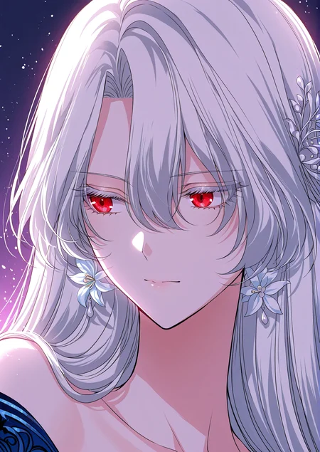<lora:Raviel_Ivansia__SSS_Class_Suicide_Hunter__Illustrious:1>
1 girl, solo, long white hair, straight hair, red eyes, hair between eyes
off-shoulder evening dress, blue floral gown, embroidered patterns, high slit dress, fitted waist, ornate bodice, lily decorations, gemstone ornaments, long gloves, blue gloves,
masterpiece, best quality, intricate details, gothic fantasy, upper body portrait, dramatic pose, confident gaze, cinematic lighting, clean background, glowing magical particles, detailed face, vibrant colors