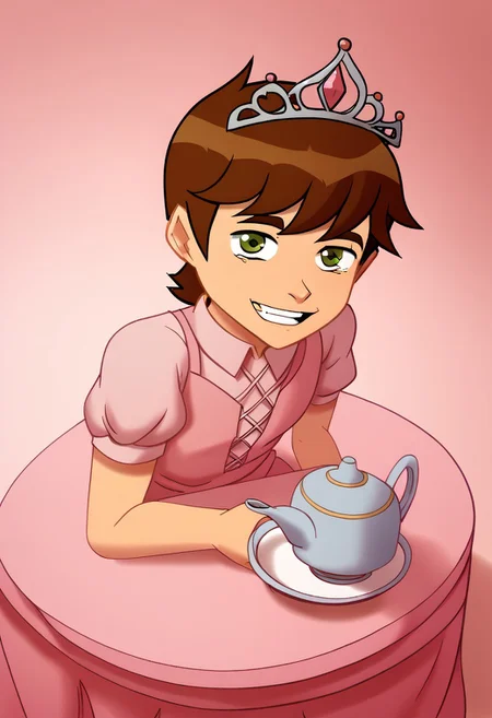 deadinsidestyle, (chb), from slight above angle, sitting at table, tea cup, tea pot, pink theme, pink dress, tiara, ((Solo)), Looking at viewer, Smiling,