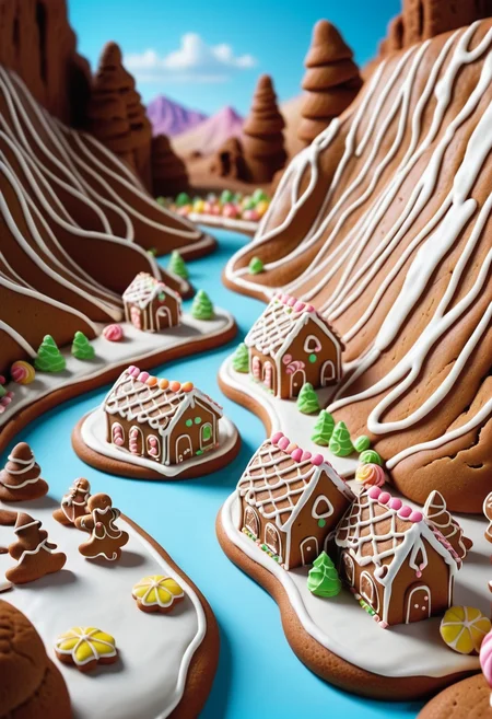 landscape of a Cosmo Canyon, summer background, Movie still, arthouse, cinematic, masterpiece, very inspirational, <lora:GingerbreadStyle_epoch_10:0.8> Gingerbread, icing, candy, cinematic atmosphere, excellent composition, set logical ambient background, striking, professional creative, colorful, highly enhanced