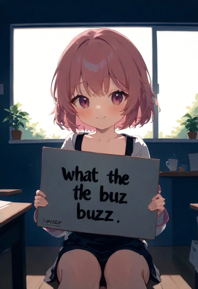 1girl, indoors, buzz, cute pink hair girl, holding a sign, sign says "what the buzz", "innocent smile