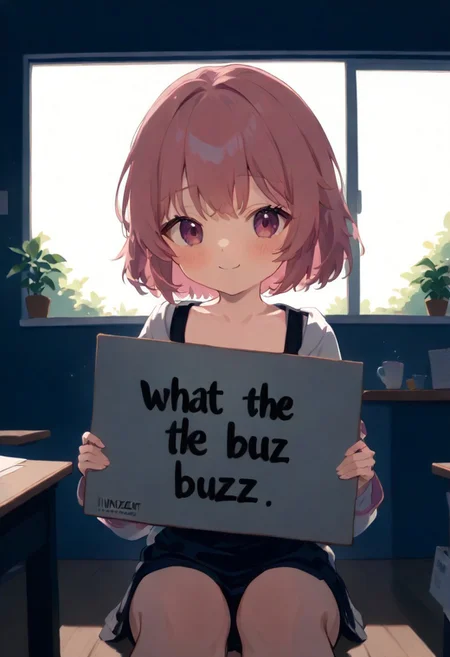 1girl, indoors, buzz, cute pink hair girl, holding a sign, sign says "what the buzz", "innocent smile