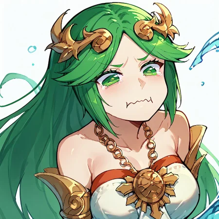 score_9,score_8_up,score_7_up,score_6_up,score_5_up,score_4_up, white background, solo, 1girl, aquacrying, wavy mouth, closed mouth, tearing up, palutena, green hair, green eyes, water splash, flying ribbons, face focus, upper body