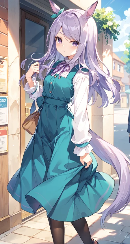 score_9,score_8_up,score_7_up,
official art,official style,game cg,megami magazine,
1girl,
mjm casual,mejiro mcqueen (umamusume),
animal ears,aqua dress,blue dress,green dress,dress,
highres,horse girl,purple hair,ribbon,shirt,tail,violet eyes,
white shirt,blush,ear ribbon,eyebrows visible through hair,eyes visible through hair,
long hair,long sleeves,neck ribbon,horse ears,horse tail,pinafore dress,black pantyhose,
purple eyes,swept bangs,purple ribbon,bangs,casual,green ribbon,pleated dress,alternate costume,
long dress,
standing,
<lora:umamusume_mejiro_mcqueen_pony_v1:1>,