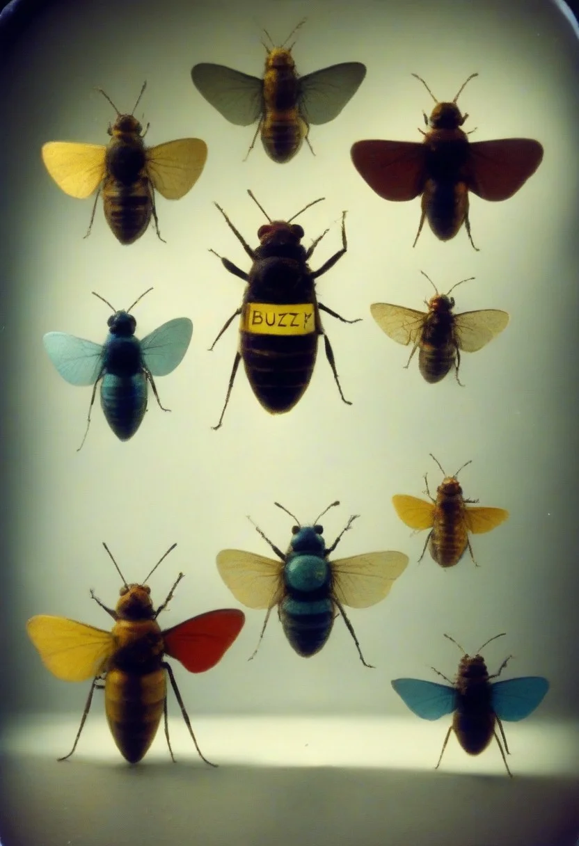 pinhole photo of a several different colors of giant, colorful metallic, anthropomorphic, winged insects, holding signs which reads: "Buzz Please!"