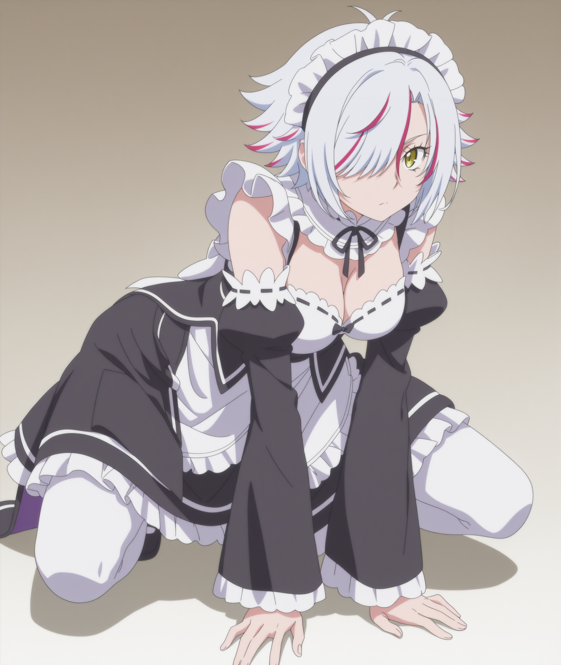 official art, absurdres, highres, anime coloring, hi res, best quality, masterpiece, 2d, intricate details, 4k, shadow,
1girl, solo, female, eyelashes, nose, short hair, bangs, grey hair, yellow eyes, white hair, red hair, multicolored hair, hair over one eye, two-tone hair, streaked hair,
maid, maid headdress, maid apron, roswaal mansion maid uniform, detached sleeves, cleavage, large breasts, breasts, lace, cosplay, alternate costume,
looking at viewer, squatting, facing viewer, leaning back, arm support,
depth of field, white background, <lora:Sofia_Bulga_(Character)_ILXL:1>