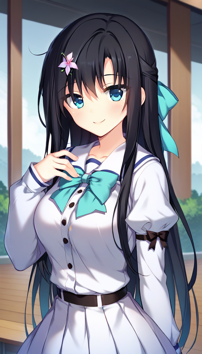 score_9,score_8_up,score_7_up,score_6_up BREAK official art,solo,outdoors,upper body,(portrait:1.5),looking at viewer,facing viewer,smile,blush,Tsugihana Misumi,very long hair,black hair,hair bow,aqua bow,hair flower,sidelocks,bangs,blue eyes,school uniform,black bowtie,white shirt,long sleeves,puffy detached sleeves,white skirt,frilled skirt,white socks,mary janes,<lora:Tsugihana Misumi(pa)-Pony:1.4>,