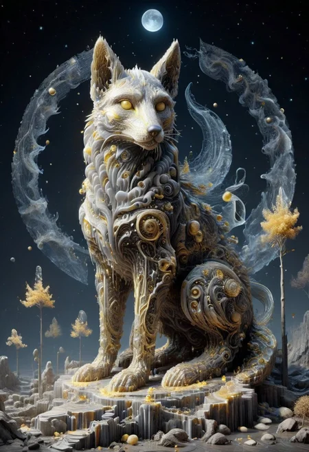 a liquid marble statue (cluster, gold and yellow cracks) of Lunar Anubis, sitting on raised platform, BREAK, trees made of watce, BREAK (diaphanous lace) mythical constellation and stars