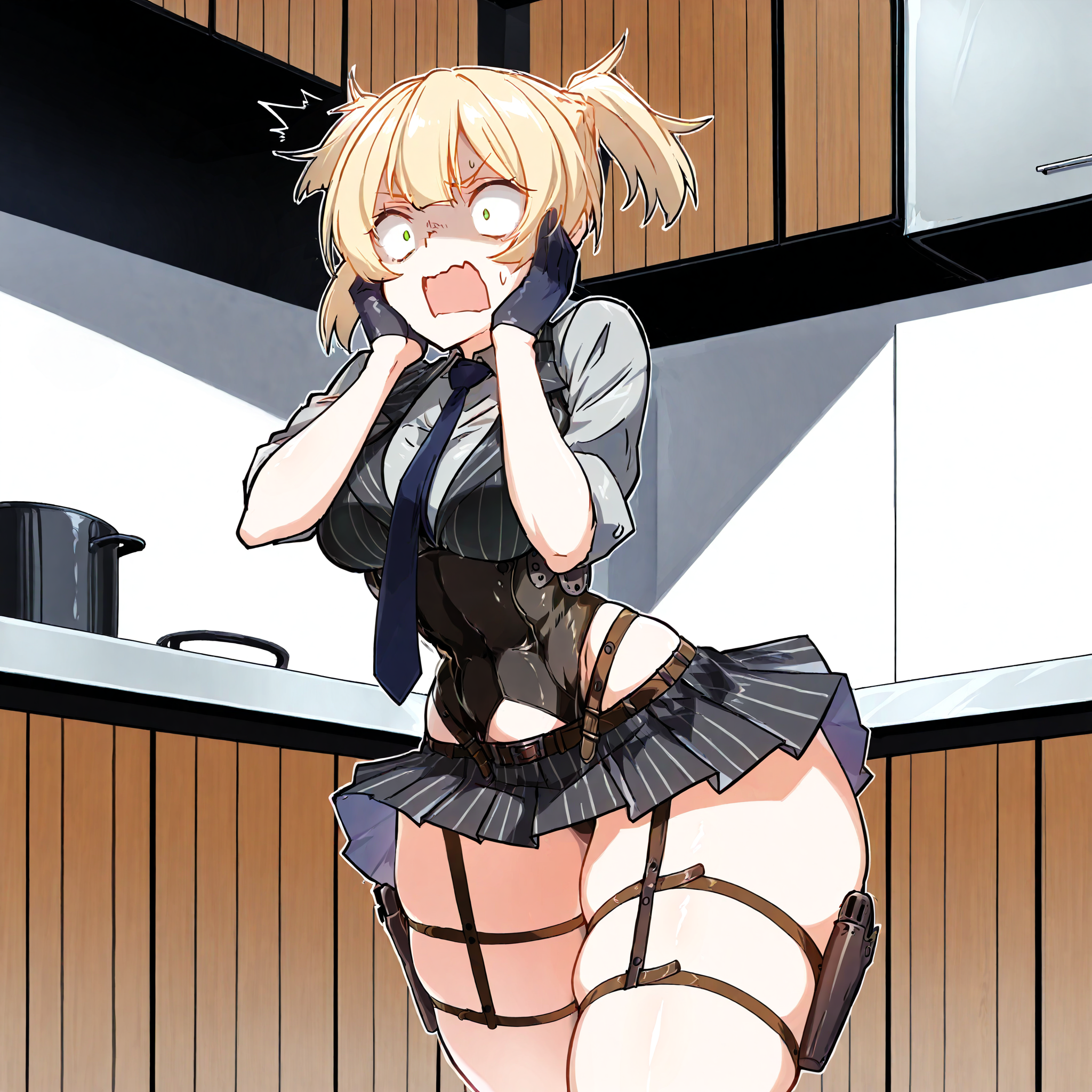 (masterpiece), best quality, (highly detailed), 1female, solo, <lora:Lazy_Ant_style_Illustrious:0.8>, <lora:Welrod:0.7> , Welrod, welbase, necktie, corset, skirt, pinstripe pattern, gloves, thigh holsters, hands on cheeks, panicking, thick thighs, kitchen,