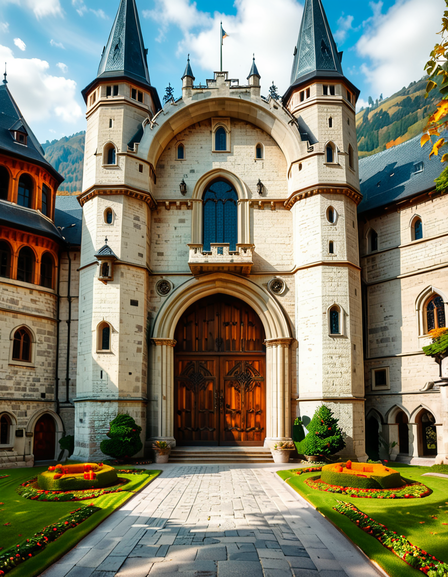A highly detailed and realistic photograph of the massive entrance door of a medieval castle. The heavy wooden door is reinforced with large iron studs and intricate metalwork, set within a grand stone archway. The aged stone walls surrounding the entrance are weathered, covered in patches of moss and ivy, giving a sense of ancient history.
The cobblestone pathway leading to the door is slightly worn, with scattered fallen leaves and small tufts of grass growing between the stones. Above the entrance, a small, narrow window or arrow slit adds to the castleâs defensive design. The scene is illuminated by soft, natural light, casting shadows that highlight the textures of the stone and wood. The atmosphere is mysterious and majestic, evoking a sense of medieval grandeur.
<lora:SDXLFaeTastic2400:0.4> <lora:extremely_detailed:0.4> extremely detailed,  <lora:medieval_c4stl3_d00r:1>,medieval c4stl3 d00r, Masterpiece,best quality,hi res,8k,hi res,8k,award winning,(sharp focus, intricate, highly detailed),