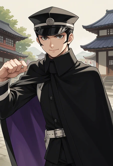 score_9, score_8_up, score_7_up, source_anime BREAK 1boy, solo, japanese town, looking at viewer, smile, closed mouth, dynamic pose, confidant
<lora:zs_RaidouXL:1> raidoudsrk, short hair, black hair, black eyes, shako cap, gakuran, pants, cape, dutch angle