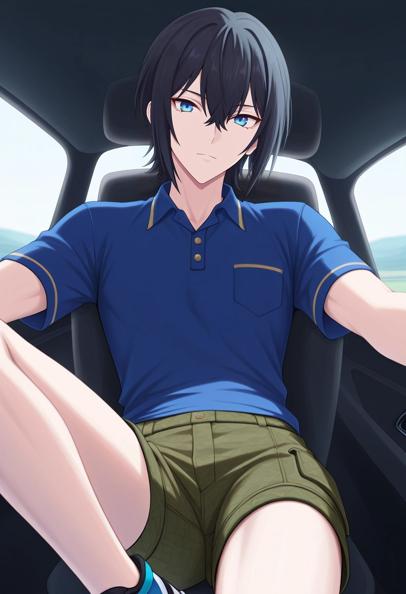 masterpiece, best quality, , , looking at viewer, 1boy, solo, male focus, <lora:ren_amaki_ilxl:0.96>, ren_amaki, black hair, blue eyes, hair between eyes, , , Geometric LemonZest Tweed Cropped cargo shorts, Pique polo shirt, Driving shoes, , and