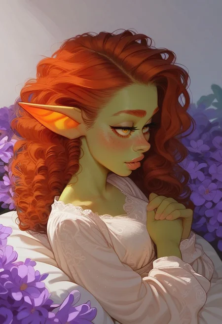 score_9, score_8_up, score_7_up, score_6_up,
Expressiveh, full body
Break
1girl, goblin girl, thin, lythe, shortstack, narrow waist, redhead, very long curly red hair, green skin, freckles, sweet face, pouty lips, big yellow eyes, large pointed ears, white chest wrap, brown loincloth, sitting in flower bed, (Breeze blowing hair.)
detailed background, A park with wisteria flowers in bloom, wisteria flowers in full bloom, a faint glimpse of the sky, sunrise sky, beautiful clouds, dappled sunlight,
I can see a windmill in the distance,
depth of field, masterpiece, best quality, ultra-detailed, very aesthetic, illustration, perfect composition, intricate details, absurdres, moody lighting, wisps of light, no humans,