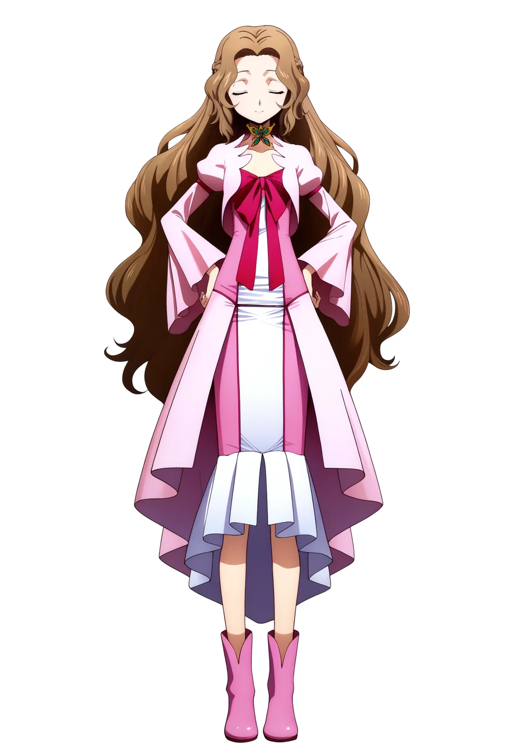 masterpiece, best quality, very aesthetic, absurdres,
1girl, nunnally, long hair, brown hair, closed eyes,
dress, pink shoes,
standing, hands on hips, full body,
looking at viewer, solo, smile, simple background, white background,   <lora:NunnallyViBritanniaNoobXL_byKonan:1>