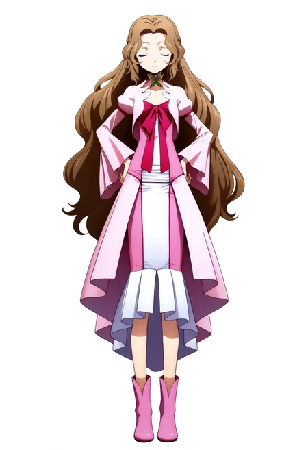 masterpiece, best quality, very aesthetic, absurdres,
1girl, nunnally, long hair, brown hair, closed eyes,
dress, pink shoes,
standing, hands on hips, full body,
looking at viewer, solo, smile, simple background, white background, <lora:NunnallyViBritanniaNoobXL_byKonan:1>