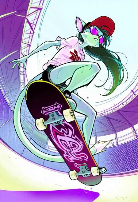 score_9, score_8_up, score_7_up,lilith_calah,
1girl,solo,furry,tail,dark green hair, source_furry,
 ,<lora:lilith_calah_illustrious:0.8>,
masterpiece, detailed, skate park, detailed background,, long hair,  white highlights, loose white t shirt, backwards baseball cap, sunglasses,  skateboarding, riding skateboard, short jean shorts, sneakers, sweaty, solo, view from below, punk accessories