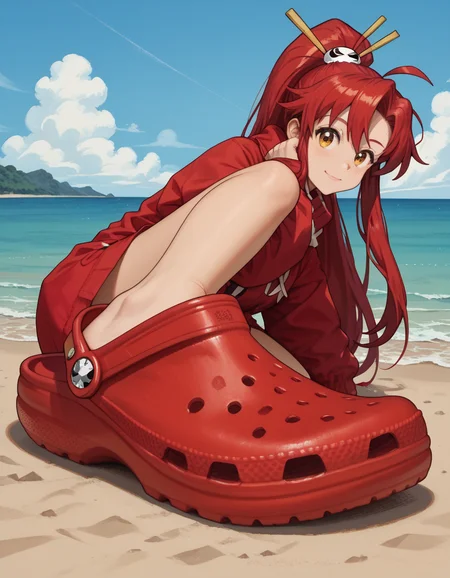 score_9, score_8_up, score_7_up, 1girl, yoko littner, red crocs, crocs, <lora:ryth-crocs:1.2>, <lora:hud_sh03_sh0w_XLP:0.75> hud_sh03_sh0w, foreshortening, looking at viewer, ocean