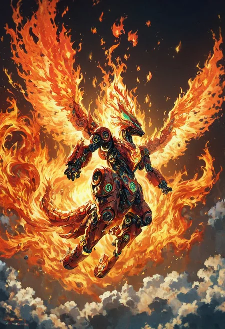 score_9,score_8_up,score_7_up, vibrant, bright colors, masterpiece, best quality, 4k, Ancient phoenix Mecha, 
giant phoenix mech with fire emitting from shoulders, hardened magma, obsidian, polished, flaming, ancient, flying, covered in fire, flat color,