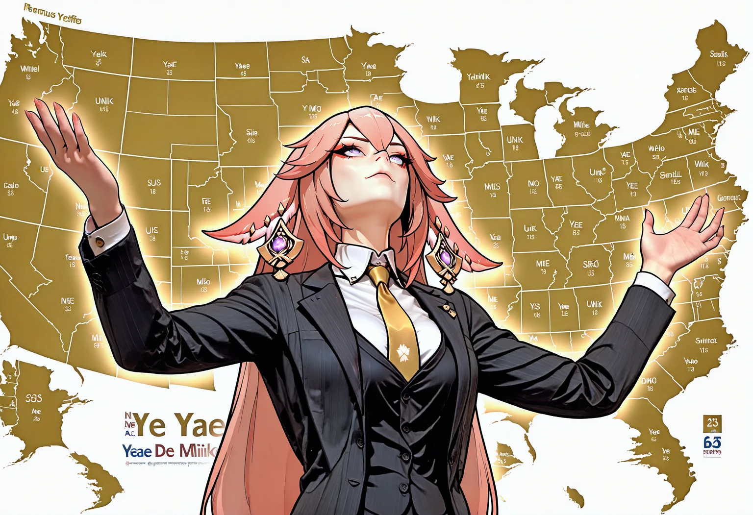 masterpiece, best quality, map, united states, outstretched arms, upper body, yellow background, white background, english text, <lora:JebWinsMeme_illusXL_Incrs_v1:1>, suit, black suit, necktie, 1girl, yae miko, looking up,