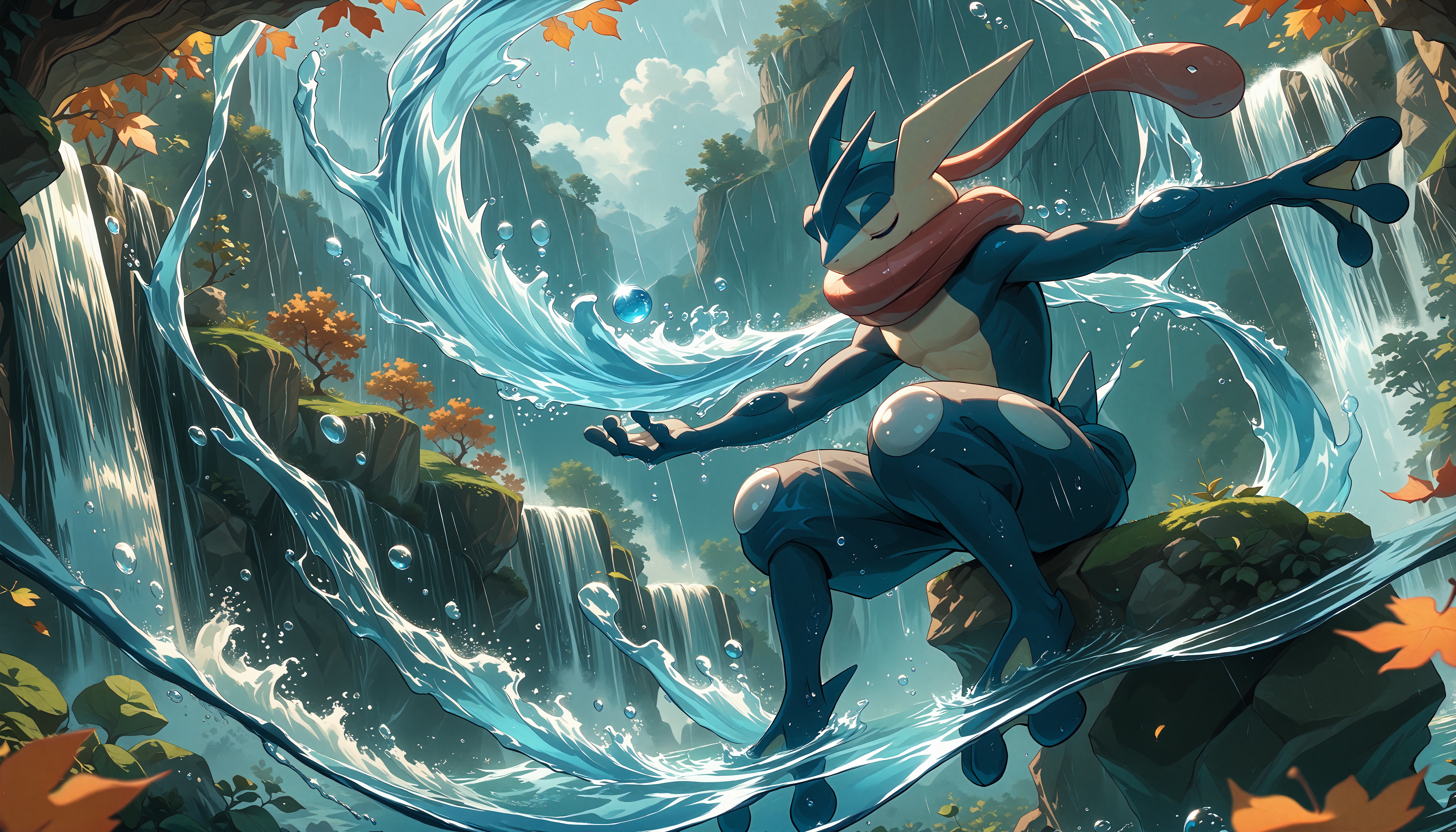 score_9,score_8_up,score_7_up,score_6_up,<lora:StS_PonyXL_Detail_Slider_v1.4_iteration_3:6>,<lora:POKEMON_GRENINJA:1>,Greninja,pokemon (creature),closed eyes,close up,from below,sitting,meditation,<lora:Water_magic_Magic_PACK:1>,watmagmb,water,Waves,Water ball,Water spiral,Water vortex,waterfall,rain,falling leaves,