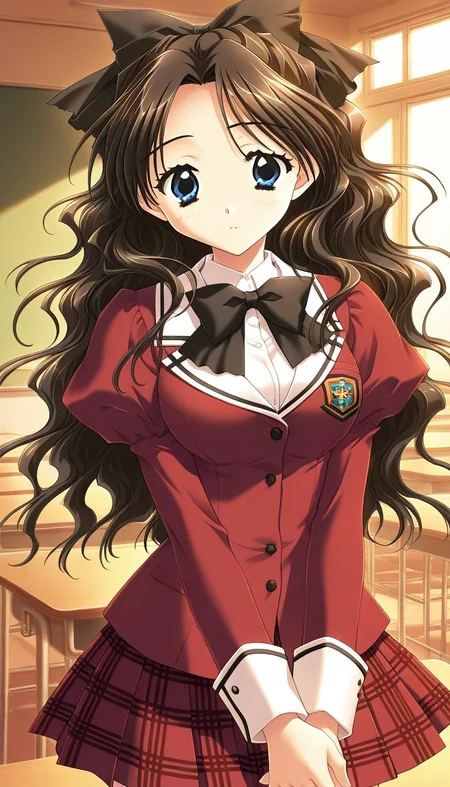 general,highres, ultra-detailed,very aesthetic,best quality ,best hands, BREAK <lora:Shirai_Yuuri_IS:1>ShiraiYuuri, 1girl, long hair, brown hair, blue eyes, hair bow, ribbon, black hair, wavy hair, hair ribbon, breasts,
school uniform, red skirt, black bow, plaid, plaid skirt, long red sleeves, bowtie, pleated skirt, own hands together, jacket, puffy sleeves,
crass room,