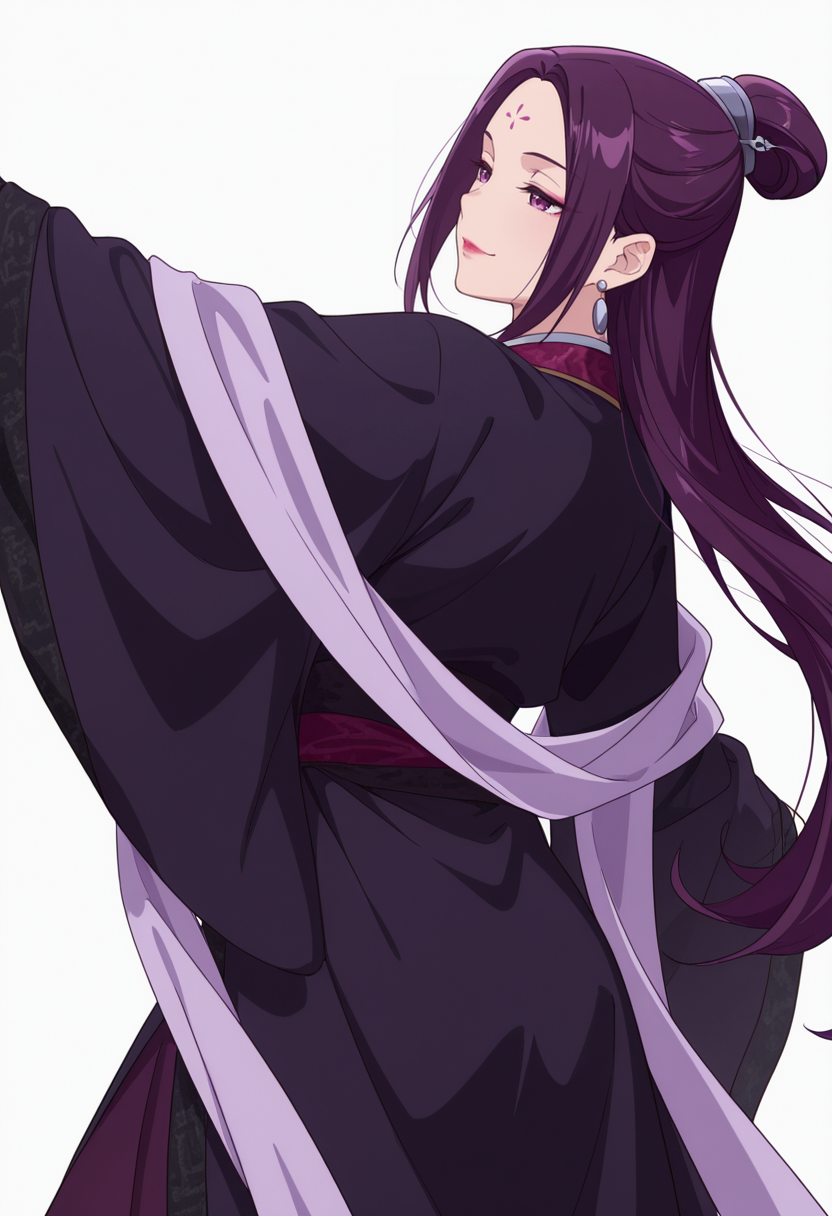 Smooth Quality,masterpiece,very intricate, high quality details, ultra realistic, high detailed skin,detailed enviorement,absurdres,
simple background, white background,solo,
from behind,confused,dancing, naughty face, 
see-through, open clothes, 
 <lora:Ah-Duo_CNR:0.8> ha_duo_cnr, 1girl, purple hair, long hair, purple eyes, forehead mark, single hair bun,hanfu, chinese clothes,kimono, robe, sash, shawl, long sleeves, wide sleeves,earrings,makeup, lipstick