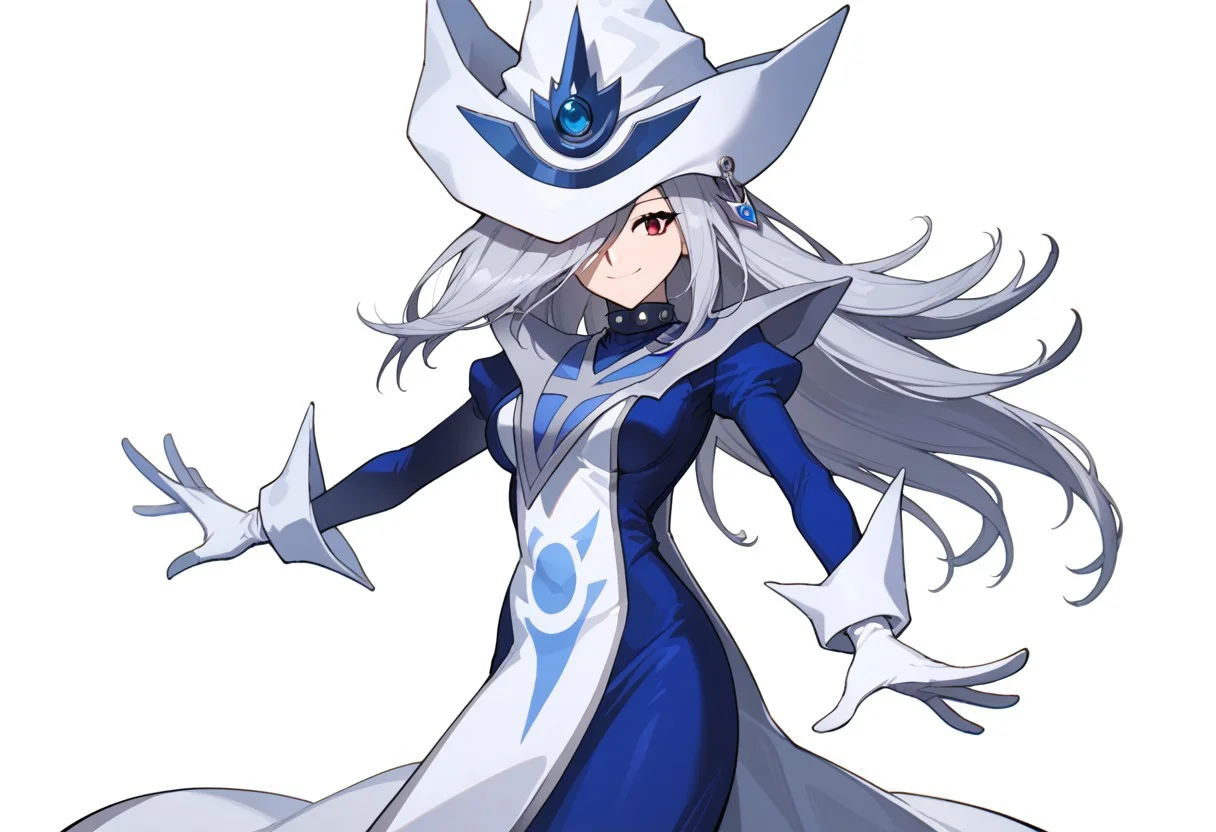 score_9, score_8_up, score_7_up, source_anime, good anatomy,1girl, solo, SilentMagicianOG, long hair, silver hair, swept bang, red eyes, medium breasts, SiMaClassic, white and blue tabard with silver trim, very long dress, blue dress, white gloves, puffy sleeves, white and blue hat, wizard hat, metal choker, hat over one eye, standing, smiling