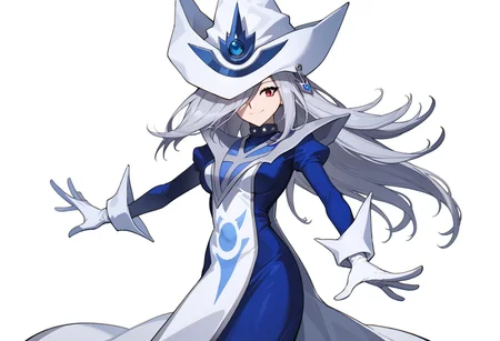 score_9, score_8_up, score_7_up, source_anime, good anatomy,1girl, solo, SilentMagicianOG, long hair, silver hair, swept bang, red eyes, medium breasts, SiMaClassic, white and blue tabard with silver trim, very long dress, blue dress, white gloves, puffy sleeves, white and blue hat, wizard hat, metal choker, hat over one eye, standing, smiling