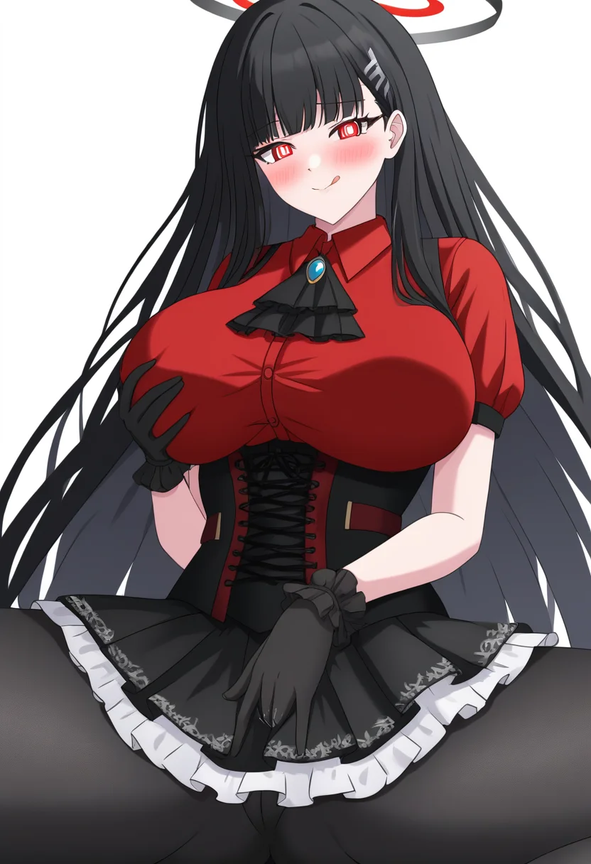 source_anime, masterpiece,best quality, highly detailed,cinematic,anime screencap,
<lora:Hoseki_BlueArchive_Rio_PDXL_v1:0.8>,black hair,rioba,red eyes,ringed eyes,
white pupils, halo, very long hair, hairclip,
1 girl,nsfw,white complexion,blushing,uncensored,solo,
:q, licking_lips,closed_mouth,
<lora:saki_blac_cors24:0.8>,dress,black dress,layered dress,skirt,black skirt
layered skirt,frilled skirt,shirt,red shirt,collared shirt,corset,
black gloves,black ascot,
jewelry,brooch,short sleeves,puffy short sleeves,
black pantyhose,frills,
((huge_breasts)),(two breast),no pubic hair,
pussy,
,sitting,masturbation,female masturbation,fingering,spread legs,grabbing own breast,looking at viewer
,skindentation,white background,