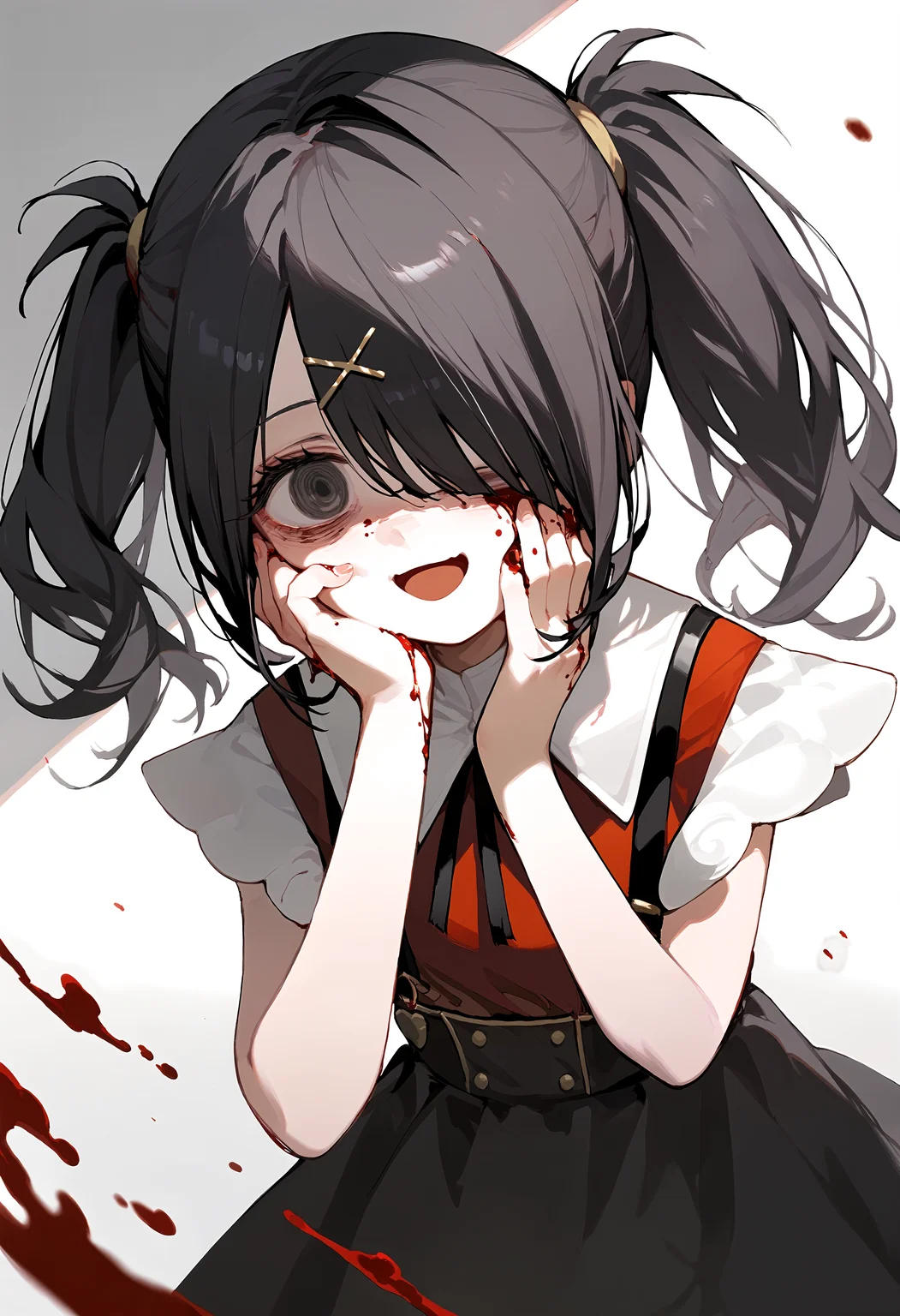 (score_9, score_8_up, score_7_up), 1girl, amechan, hair over one eye, shaded face, blood, hand on own cheek, smile, open mouth, <lora:NGO-PO-v1A-000008:0.9>