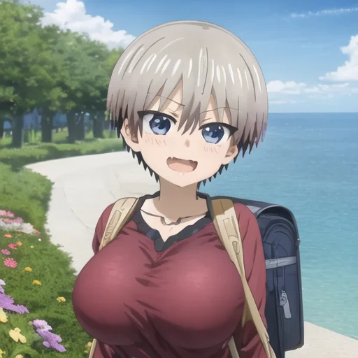 masterpiece, best quality, ultra-detailed, hana_uzaki_10000, myhands, 1girl, solo , at university, sweater, wearing a backpack , teasing