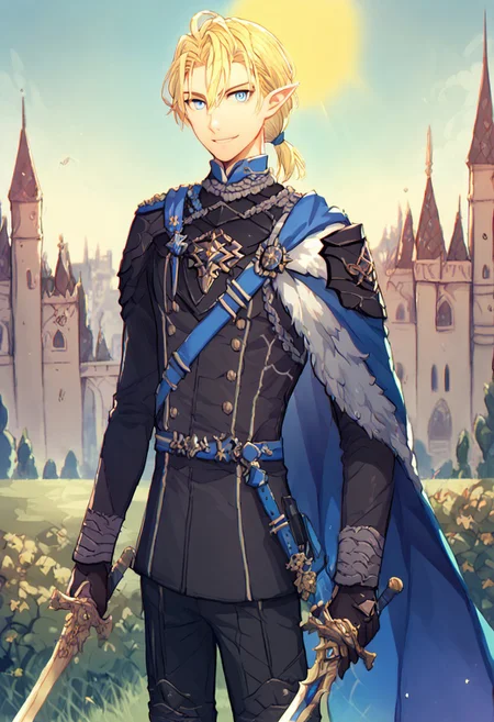score_9, score_8_up, score_7_up, score_6_up, score_5_up, score_4_up, source_anime,  dimitrife, dimitribase, dimitrihopes, 1boy, blonde hair, blue eyes, solo, hair between eyes, short ponytail, pointy ears, military uniform, black and blue military uniform, blue sash, blue cape, smile, holding sword, cowboy shot, t0pu, looking at viewer, castle, outdoors, sun