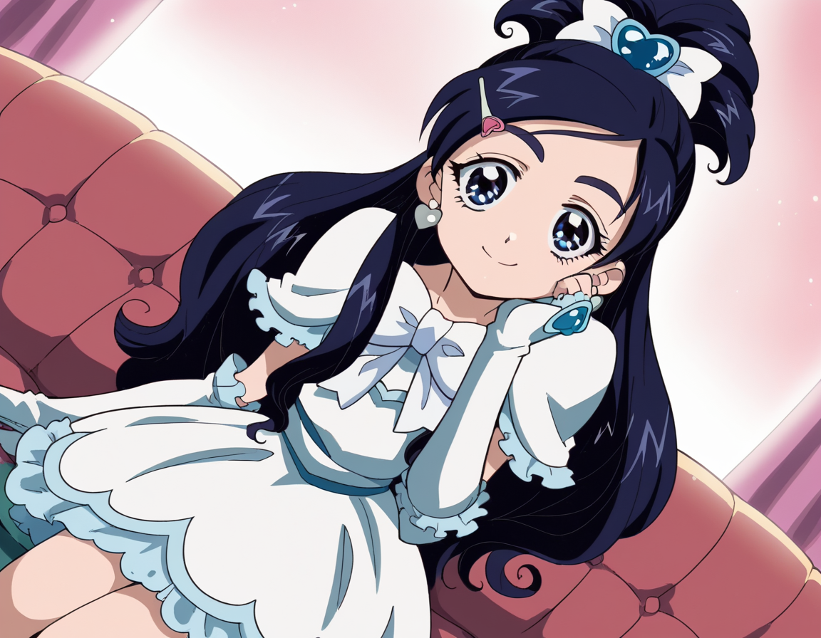 score_9, score_8_up, score_7_up, source_anime, <lora:honoka-yukishiro-anime-ponyxl-lora-nochekaiser:1>, honoka yukishiro, long hair, blue eyes, hair ornament, blue hair, hairclip,, dress, jewelry, earrings, magical girl, half updo, cure white, frills, bowtie, white bowtie, gloves,, indoors, smile, looking at viewer, solo, sitting, head rest,, cowboy shot, dutch angle