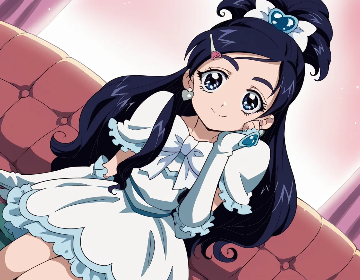score_9, score_8_up, score_7_up, source_anime, <lora:honoka-yukishiro-anime-ponyxl-lora-nochekaiser:1>, honoka yukishiro, long hair, blue eyes, hair ornament, blue hair, hairclip,, dress, jewelry, earrings, magical girl, half updo, cure white, frills, bowtie, white bowtie, gloves,, indoors, smile, looking at viewer, solo, sitting, head rest,, cowboy shot, dutch angle